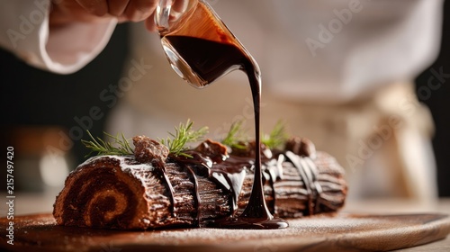 A dynamic culinary shot of a chef pouring a glossy, dark chocolate sauce over a Yule log cake