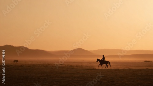 unanimity. A lone rider herds cattle across a vast desert ranch at dusk. wildlife magazines, conservation campaigns, designed for nature documentaries and education, celebrates biodiversity.