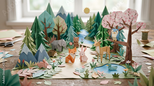 Origami Papercraft Forest Scene with Handmade Woodland Animals and Nature