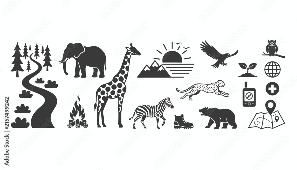 Fototapeta premium Outdoor adventure and safari wildlife icon set including forest trees, a campfire, wild animals, and a travel map.