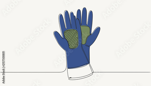 Continuous line drawing of protective blue safety gloves with green grip pads, minimalist vector illustration.