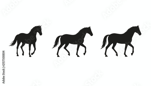 Horse motion sequence silhouettes displaying three phases of walking and trotting strides isolated on white background.