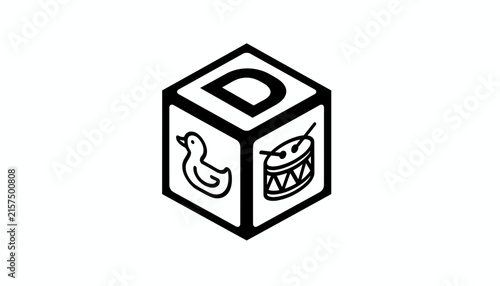 Child alphabet block toy showing letter D, cute little duck, and snare drum illustration for early education and nursery playing.