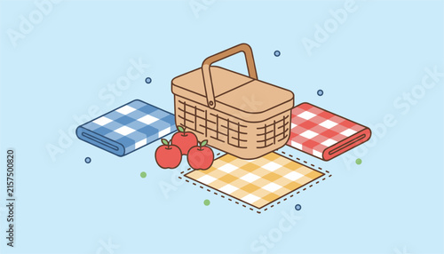 Isometric vector illustration of a wicker picnic basket surrounded by colorful plaid blankets and red apples.