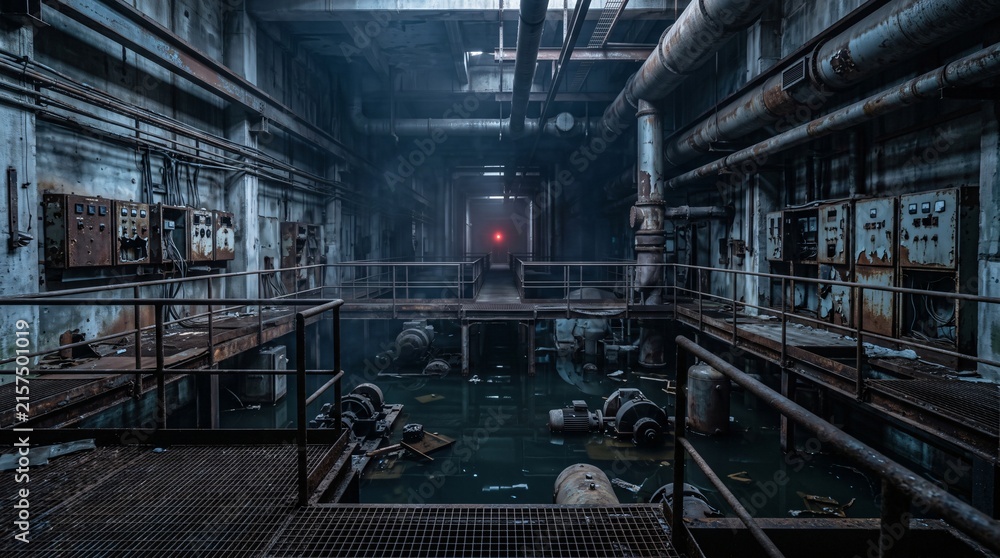 Fototapeta premium Abandoned Underground Mechanical Facility with Flooded Industrial Floor