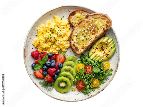 Healthy Breakfast Plate with Scrambled Eggs Sourdough Toast Avocado and Fresh Fruits Isolated on White Background