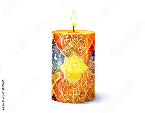 Ornate glowing candle with Islamic patterns.