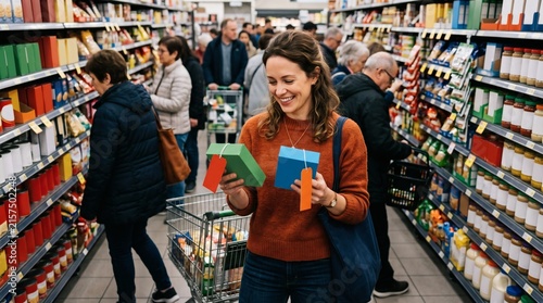 Smiling woman holding gift boxes in a supermarket aisle with shopping cart and shelves full of products