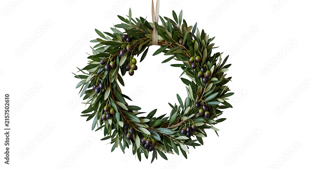 Fototapeta premium Hanging decorative wreath made of fresh green olive branches with branches