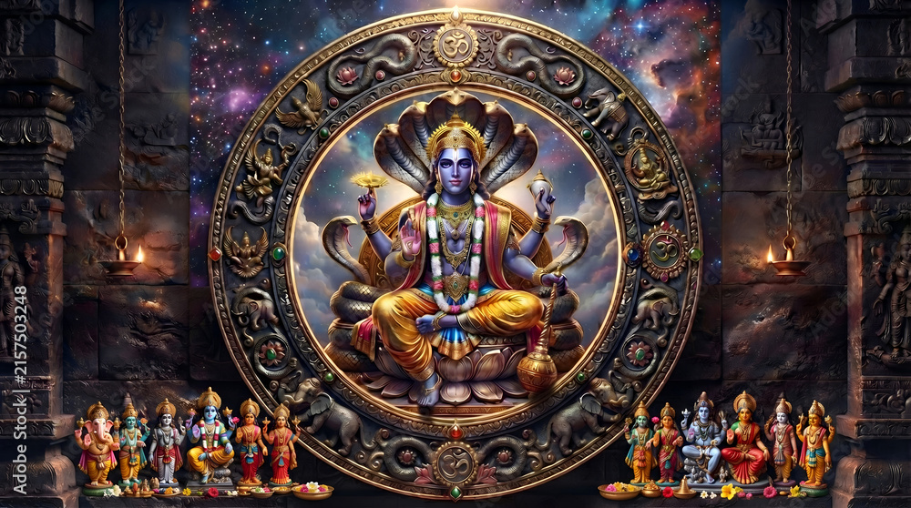 Fototapeta premium Lord Vishnu divine avatar illustration with cosmic background and temple stone carvings