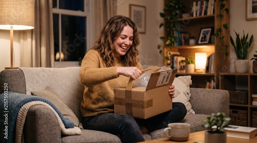 Young Woman Joyfully Unboxing a Package While Sitting on a Cozy Sofa at Home