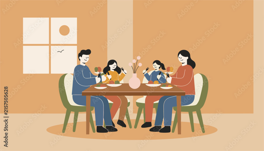 Fototapeta premium Happy family of four sitting around dining table together sharing a healthy home cooked meal in cozy dining room.