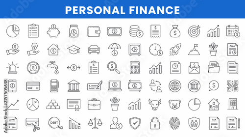 Personal finance icons set showing diverse financial tools.