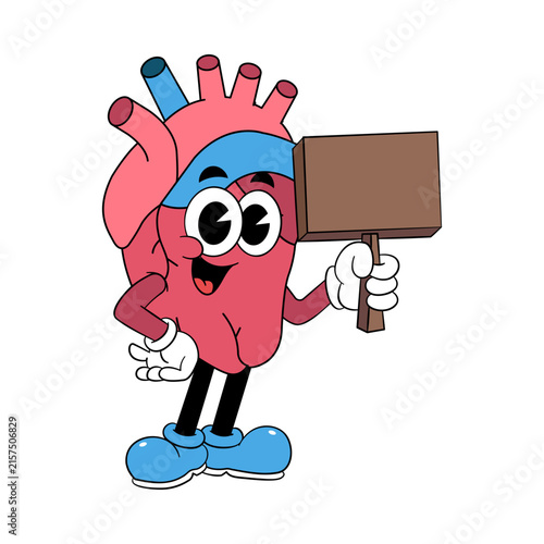 Retro Cartoon Human Heart Mascot Holding Blank Placard