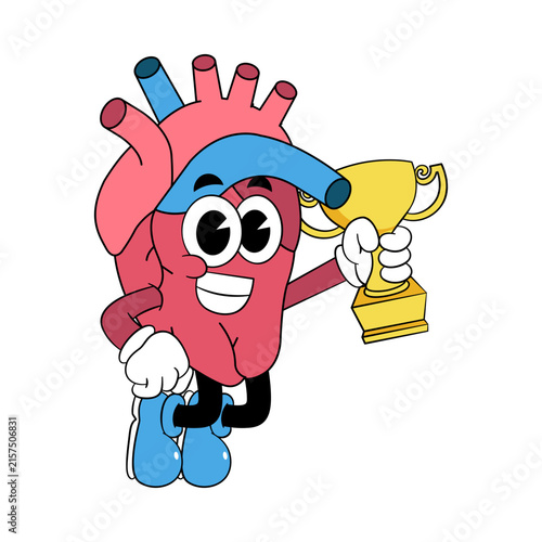 Retro Cartoon Human Heart Mascot Holding Trophy