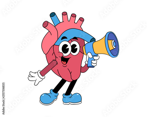 Retro Cartoon Human Heart Mascot Holding Megaphone