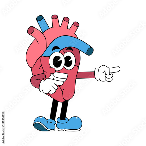 Retro Cartoon Human Heart Mascot Pointing Right