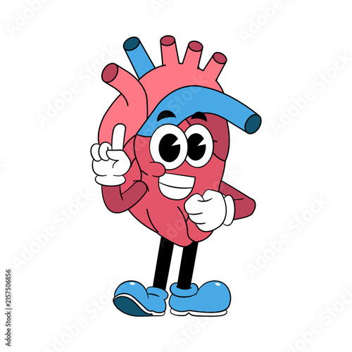 Retro Cartoon Human Heart Mascot Pointing Up