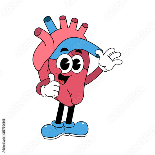 Retro Cartoon Human Heart Mascot Giving Thumbs Up and Waving