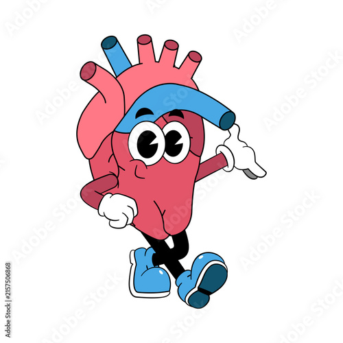 Retro Cartoon Human Heart Mascot Walking and Waving