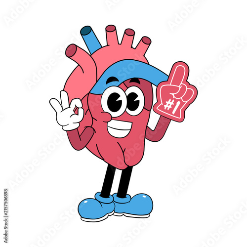 Retro Cartoon Human Heart Mascot Wearing Number One Foam Finger