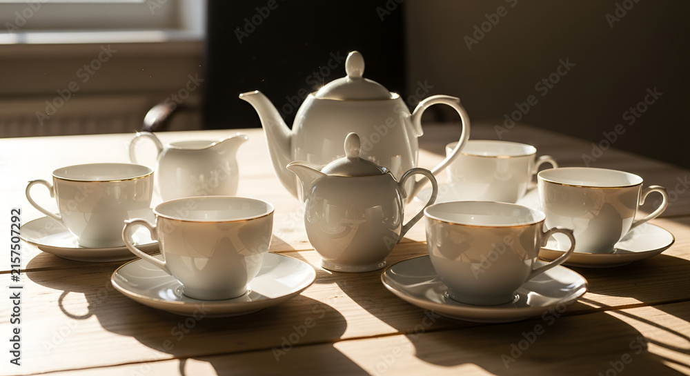 Fototapeta premium Elegant White Teacups and Teapot Set with Golden Trim on Wooden Table