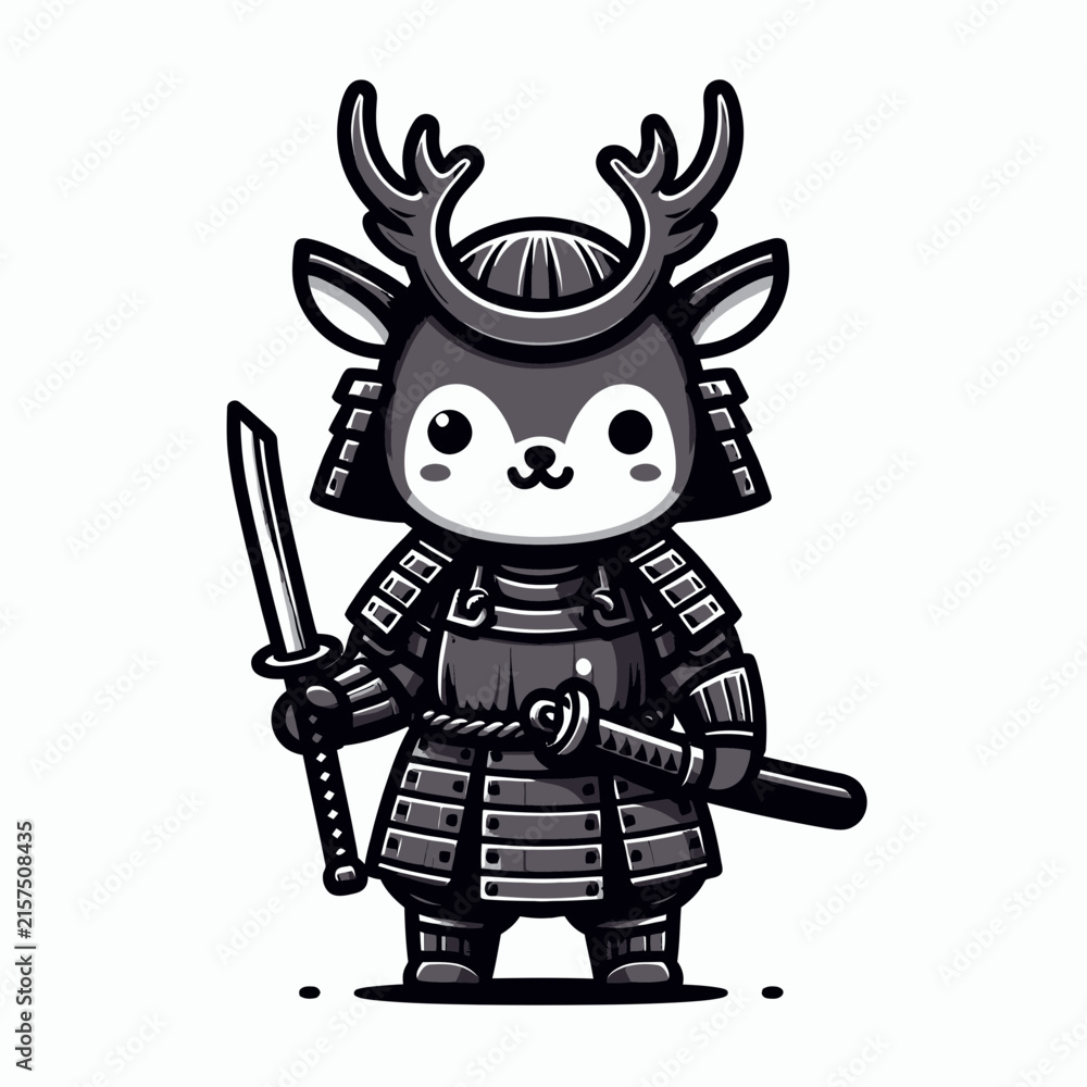 Fototapeta premium A cute cartoon deer dressed in traditional Japanese samurai armor, holding a katana sword.