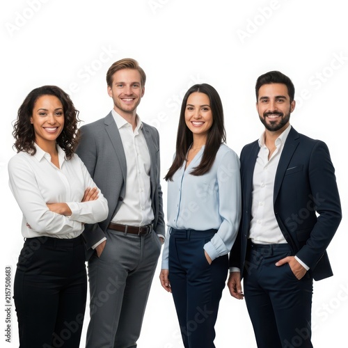 Four professionals smiling standing together isolated on white background