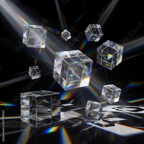 Floating Crystal Cubes Creating Color Spectrum Reflections