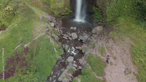Stunning Aerial View Capturing the Majestic Waterfall Surrounded by Lush Greenery and Tranquil Stream