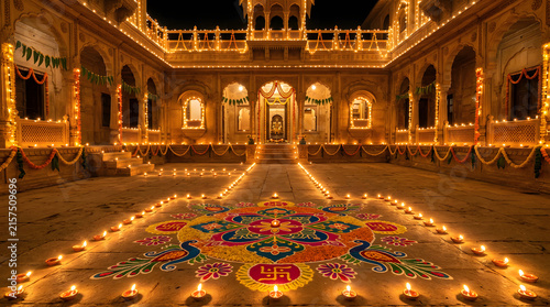 Illuminated palace courtyard with rangoli and oil lamps.