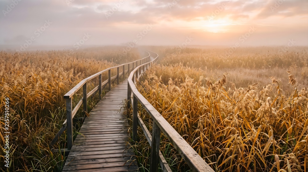 Fototapeta premium Serene Boardwalk Through Golden Marsh Fog at Sunrise