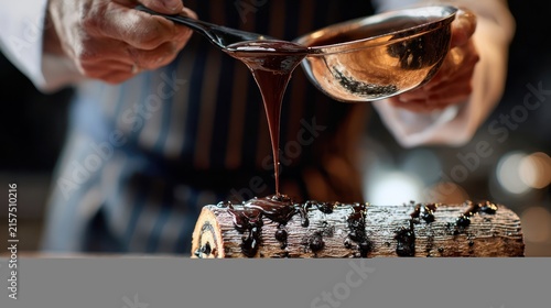 A dynamic culinary shot of a chef pouring a glossy, dark chocolate sauce over a Yule log cake
