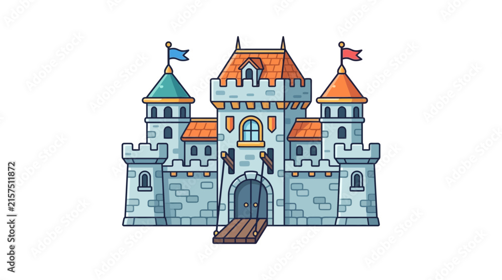 Naklejka premium Cartoon medieval stone castle with blue turrets.