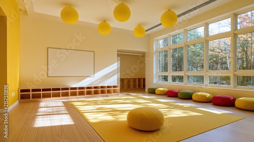 Bright, sunlit classroom with colorful cushions, whiteboard, and shelves
