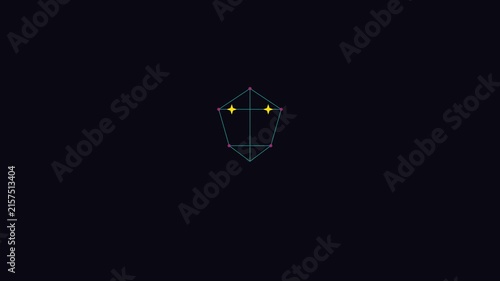 Minimalist geometric face animation with glowing star eyes on dark 4k background, abstract