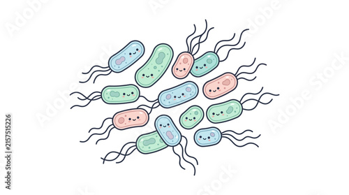 Cute colorful bacteria characters with smiling faces and tails.