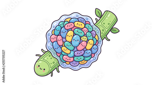 Cute colorful microbes on green plant stem illustration.