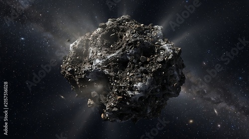 Large dark asteroid surface floating through empty dark space.
