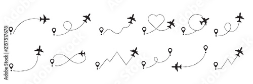 Canvas Print Airplane Route Icon Set with Dotted Flight Path Lines