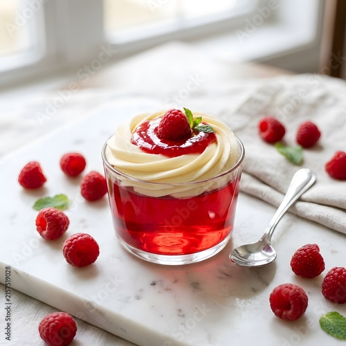 Red gelatin dessert cup with whipped cream topping and fresh raspberries on marble board