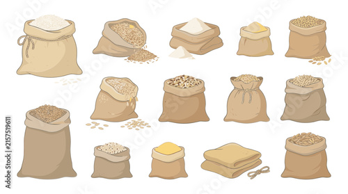 Agriculture Grain and Flour Sacks Vector Set Featuring Burlap Bags Filled with Rice Wheat Oats Corn Flour Grains and Harvest Storage Elements