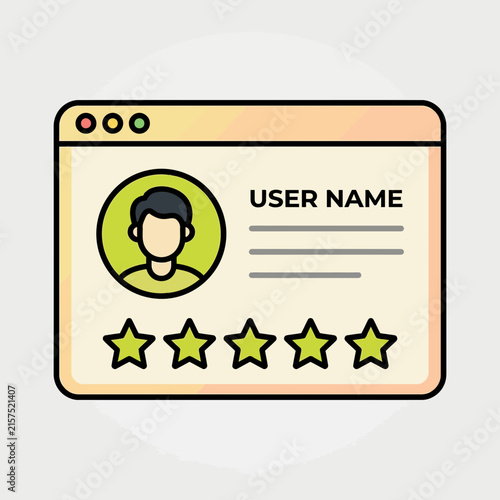 Flat vector user profile rating card, UI dashboard window with avatar and five star review icons, minimal beige interface for web and app UX