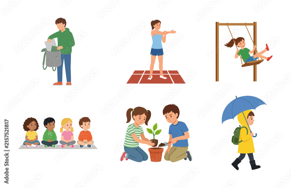 Naklejka premium Set of vector illustrations featuring children engaged in various daily school and outdoor activities