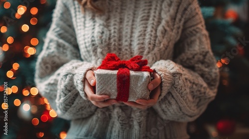 Hands in a cozy sweater opening a Christmas gift with a red bow on the background of a Christmas tree with lights. Stylish person holding a present with a red ribbon in a festive room close-up