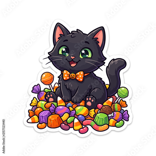 Bild auf Leinwand Cute Halloween black cat sticker, adorable kitten with orange bow tie sitting on