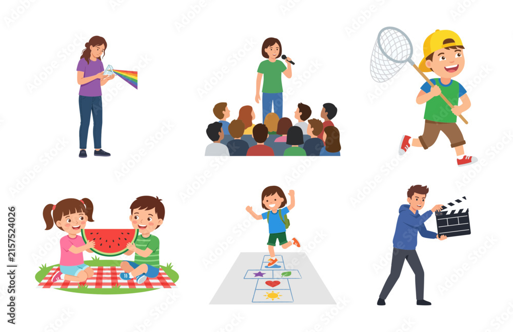 Fototapeta premium Set of vector illustrations featuring children engaged in various active school and outdoor play activities