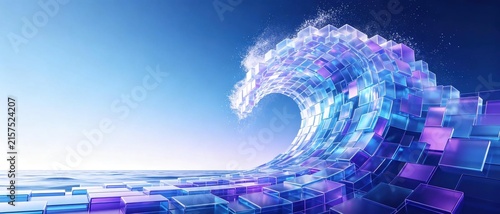 Large breaking ocean wave constructed from glowing translucent blue and purple glass square blocks represents digital technology and data wave concept