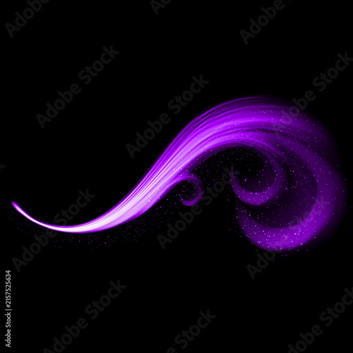 Abstract swirling purple light streak on a black background dynamic energy flow
