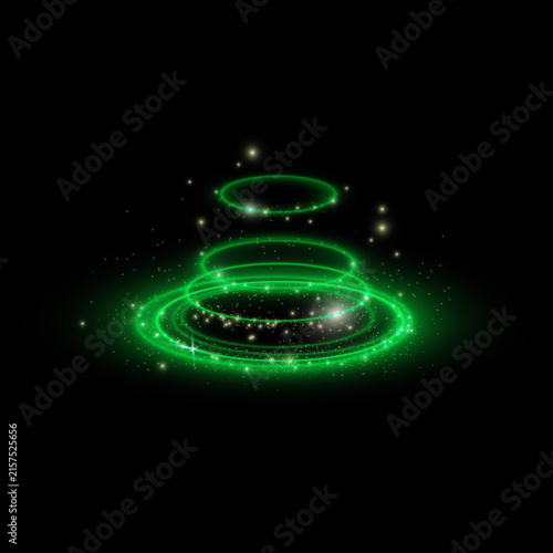 Abstract green glowing rings on a black background with sparkling light effects